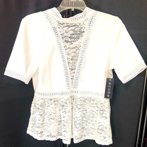 scobe Tops - SCOBE brand white lace top short sleeve blouse with lace details size M NWT